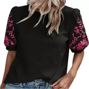 여성 탑 드레시 캐주얼 크루넥 블라우스 자카드 자수 퍼프 반팔 셔츠 여름 의상 트렌디한 2025