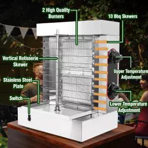 2 버너 상업용 샤와르마 그릴 기계 도너 타코 알 목사용 수직 로티세리 케밥 자이로 쿠커 고강도