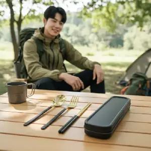 ( )스테인리스 캠핑 커트러리 세트 휴대용 수저통 포함