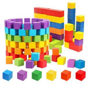 Coobbar 나무 블록 200팩 카운팅 큐브 사각형 색상) 블록 빈 수학 및 퍼즐 (다양한 교구 만들기 조기 사각 DIY 빌딩 공예