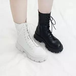 [디아]츄비 레이스업 통굽 키높이 롱 워커 부츠 5cm