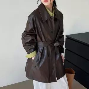 [yck]브라운 여성 레더 트렌치코트 벨트자켓 고급스러운 봄가을 아우터[패션]