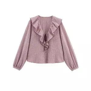 마이진 여친 롱 캐주얼 가을 블라우스 체크 덧장 셔츠 깅엄 루즈핏 ADOR3