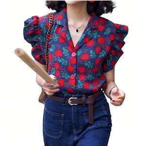 Makone 여성 여름 프릴 소매 꽃무늬 셔츠