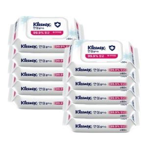 크리넥스 안심 물티슈 99.9% 향균 60매 캡형 x 10팩 손소독 손세정