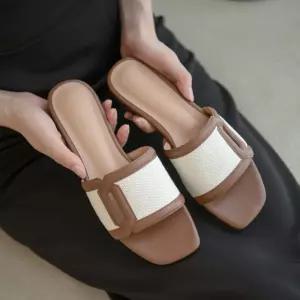 SOVO 베스타 소가죽 콤비 패브릭 슬리퍼 뮬 1cm