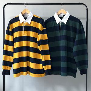 남녀공용 히든 버튼 단가라 스트라이프 럭비티셔츠 커플 피케 카라 Y2K 꿀벌티