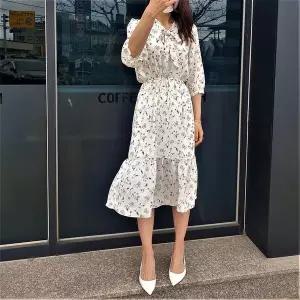 [하프클럽/]롱 프릴 플라워 40대 50대 중년 쉬폰 여름 77 88 롱 원피스