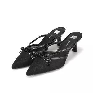 [바바라][본사운영] 바바라 소가죽 매쉬 스터드 리본 장식 여성 오픈 슬링백 6cm_BBI203