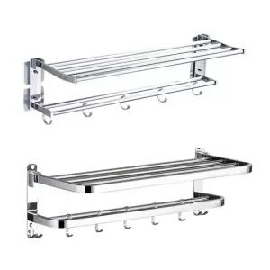 무타공 스텐 욕실 수건걸이 접착식 2단 폴딩 선반형 타올걸이 실버 40cm 50cm 60cm 욕실선반 P037-O