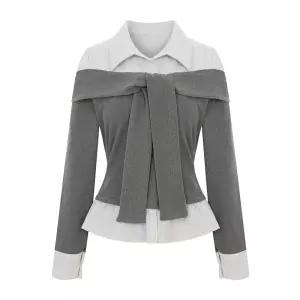 [티뷰] 오프숄더셔츠배색블라우스_V6A-CBL022