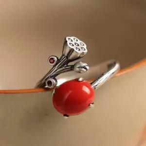 홍옥수 원석 카닐리언 연꽃 빈티지 S925 실버 반지