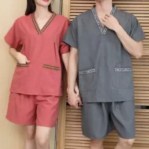 숯가마 찜질복 반팔 세트 사우나복 단체복 찜질방 상하의 유니폼 커플 잠옷 자수 다용도