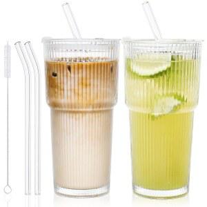 HPYEL 2 세트 뚜껑과 유리 빨대가 있는 20온스 텀블러, 아이스 커피용 모던 드링킹 유리컵 병, 칵테일, 물, 소다, 차, 주스