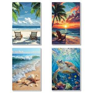 4팩 숫자로 액자 페인트 키트 초보자 캔버스 바다 프레임 12인치) 거북 가정용 페인팅 아트 20.3 해변 X 30.5CM(8 그림 DIY