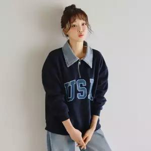 [핑크시슬리] USA 반집업 데님카라 콤비 박스 맨투맨