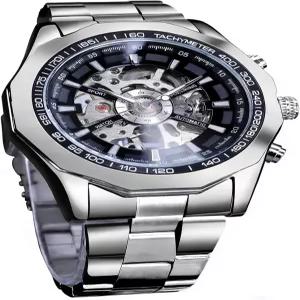 FAMVNTN 럭셔리 남성용 시계 셀프 윈드 스켈레톤 중공 기계식 자동 스테인리스 스틸 밴드 방수