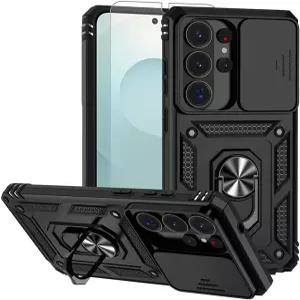 삼성 갤럭시 S26 울트라 케이스 슬라이딩 카메라 렌즈 커버 360° 회전 킥스탠드 링 HD 화면 보호기 블랙용