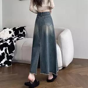 블랙팬서 여성 빈티지 데님 스커트 봄가을 하이웨스트 슬림핏 트임 A라인 힙업 롱 OPH3