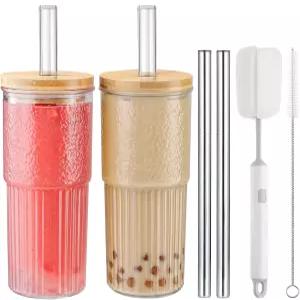 아산메요 2개 22온스 유리컵 세트 - 대나무 뚜껑과 빨대가 있는 메이슨 병 음료 컵 귀여운 재사용 가능한