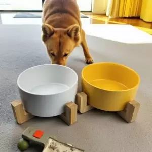 도자기 반려동물 나무받침 식기 16cm 강아지 2구 애견 고양이 밥그릇