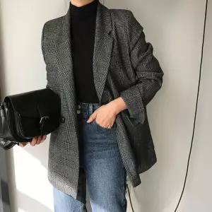 여자 가을 체크 자켓 트위드 캐주얼 정장 마이 면접 소매롤업 루즈핏 직장인 블레이저 GH006