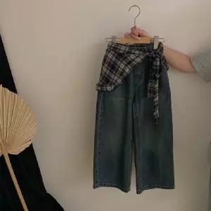 체크랩데님팬츠 키즈 유아동 레이어드 랩스커트 청바지