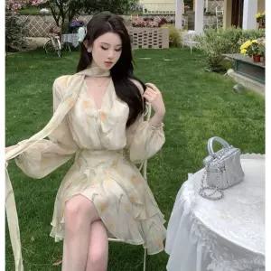 원피스 노랑 여성 브이넥 예쁜 잔꽃 춘추 쉬폰 스커트스커트 긴팔 퍼프소매 프렌치 스포M3