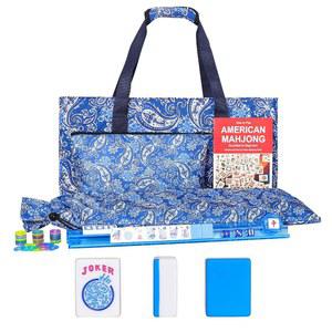 구스타리아 아메리칸 마작 게임 세트 166개의 파란색 타일(1.2 u201D) 4개의 올인원 컬러 랙/푸셔 드로스트링 백 프린트 캐리어 백과 타일 액세서리가 포함된 완전한