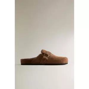 zara 자라 버클 디테일 가죽 보온 클로그 - 브라운