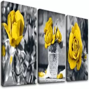 캔버스 월 아트 - 침실 주방 거실 여자 방 장식 흑백 벽 그림 노란 장미 꽃 3피스 세트