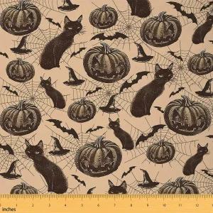 필유 할로윈 패브릭 바이 더 야드 1야드 호박 의자용 남자 여자 10대 고양이 방수 야외 브라운 리포러리