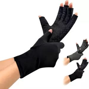 HOLDZERO 관절염 압박 장갑 손바닥 반쪽 손가락에 실리콘 점 남성용 블랙 앤 그레이 라지 2켤레