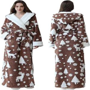 옥순 여성 롱 웜 후드 로브 전체 길이 두꺼운 플리스 플러피 목욕 가운 - 자카드 부드럽고 아늑한
