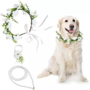 NBEADS 3개 반려견 웨딩 칼라 진주 목줄 화환 머리띠 손목 코르사지 플라워 크라운 반려동물 약혼 파티