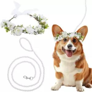 DELORIGIN 진주 구슬 목줄이 달린 2PCS 개 웨딩 플라워 칼라 및 목줄 세트 우아한 머리띠 중간 크기