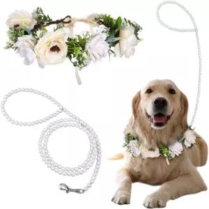 강아지 웨딩 칼라와 목줄 세트의 진주 - 구슬 진주가 있는 우아한 플라워 헤드밴드 조절 가능한 플로럴