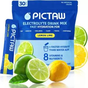 픽타우 30 스틱 전해질 파우더 패킷 및 비타민 수분 8 개 레몬 라임 저설탕 팩 리퀴드 데일리 IV 음료