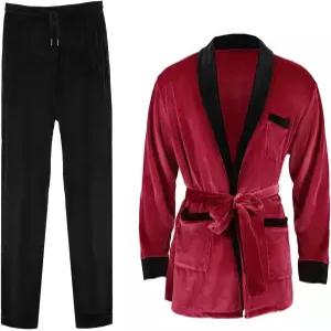QSLWcos 남성 스모킹 재킷 로브 레드 캡틴 의상 잠옷 할로윈 커플 바지와 함께 목욕 가운 코스프레