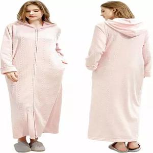 옥순 여성 플리스 웜 로브 포근한 플란넬 롱 지퍼 목욕 가운 - 푹신한 겨울 하우스코트 잠옷