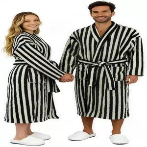 여성 남성용 플러시 스트라이프 로브 겨울 퍼지 플리스 롱 목욕 플러스 사이즈 웜 잠옷 슬립웨어