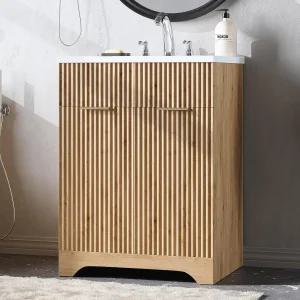 LINLUX 25인치 욕실 세면대 홈이 있는 나무 수납 캐비닛 정리를 위한 대형 서랍 및 청소 설치가 용이한