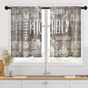 아트타운 농가 주방 커튼 36인치 길이 컨트리 브라운 나무 창문 짧은 티어 2종 싱크대 세트 화이트 두들