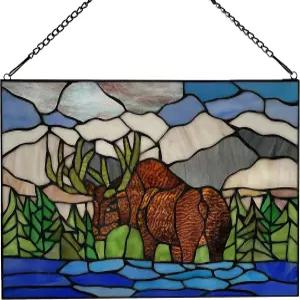 리버 오브 굿즈 무스 인 마운틴스케이프 스테인드 글라스 창문 패널 - 주방 사무실 벽 가정 장식용 소박한