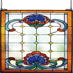 요가트 엑스트라 라지 수평 블루 빅토리아 스테인드글라스 창문 패널 걸이형 트랜섬 (32 X 20)