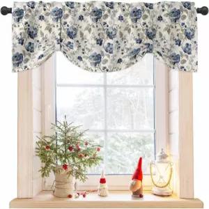 블루 그레이 스프링 플로럴 타이 업 창문용 밸런스 빈티지 식물 조절식 풍선 창문 그늘막 주방 카페 욕실