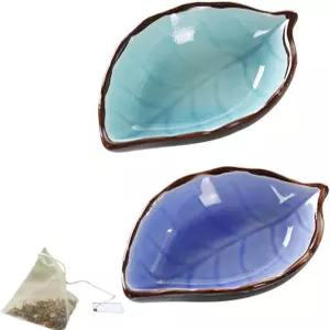 2개 티백 코스터 4.33인치 스 크랙 글레이즈 세라믹 휴식 접시 나무 잎 도자기 접시(2개 B개)