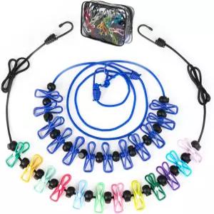 여행용 2팩 캠핑 휴대용 빨랫줄 12개 클립 집 크루즈 호텔용 컬러풀 및 블루 방풍 접이식 키트 포함