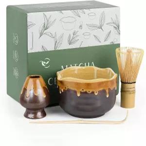 도자기 말차 세트 - 일본 수공예 티볼 미네랄 글레이즈 보울과 스파우트 스쿱 채센 홀더 애호가를 위한 4개