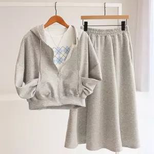 [잇수다] (SET) 젤비카 루즈핏 후드 집업 + 밴딩 롱 스커트 투피스 세트